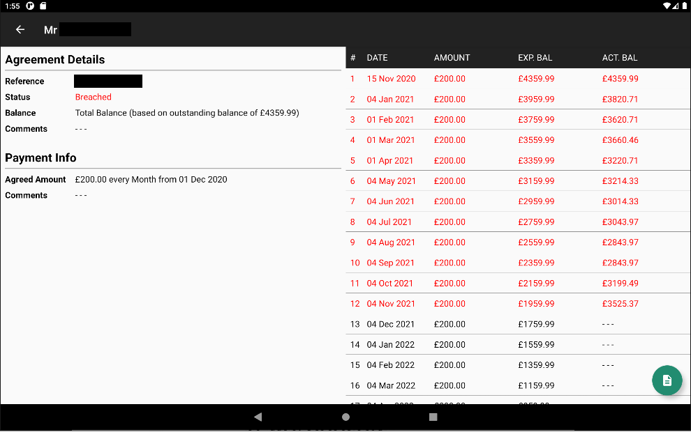 Mobile app arrears agreement