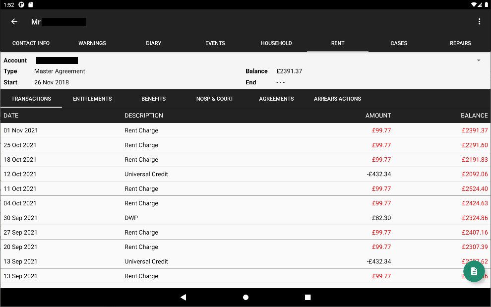 Mobile app rent tab